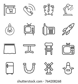 Thin line icon set : shop signboard, call, alarm clock, table lamp, rocket, tv, phone, curtain, chair, fridge, horseshoe, windmill, apron