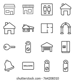 Thin line icon set : shop, wc, home, house with garage, plan, arch, key, do not distrub, fridge, bell, welcome mat, please clean