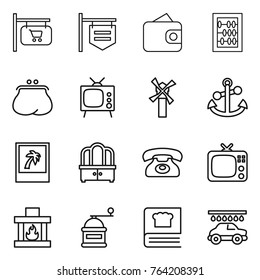 Thin line icon set : shop signboard, wallet, abacus, purse, tv, windmill, anchor, photo, dresser, phone, fireplace, hand mill, cooking book, car wash