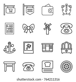 Thin line icon set : shop signboard, wallet, alarm clock, abacus, bow, windmill, phone, anchor, photo, wardrobe, dresser, stool, cooking book, wheel