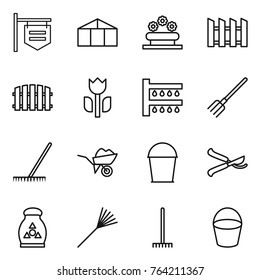Thin line icon set : shop signboard, greenhouse, flower bed, fence, perishable, watering, fork, rake, wheelbarrow, bucket, pruner, fertilizer
