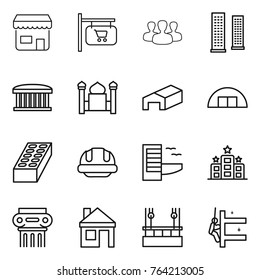 Thin line icon set : shop, signboard, group, skyscrapers, airport building, minaret, warehouse, hangare, brick, helmet, hotel, antique column, house, skysrcapers cleaning