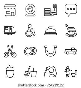 Thin line icon set : shop, web cam, mall, sms, trailer, invalid, service bell, rocking chair, scissors, plates, horseshoe, pickup, acorn, bucket and broom, dish cleanser, toilet cleaning