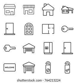 Thin line icon set : shop, home, house with garage, door, arch window, plan, key, fridge, welcome mat, do not distrub, please clean