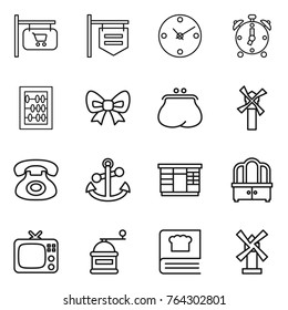 Thin line icon set : shop signboard, clock, alarm, abacus, bow, purse, windmill, phone, anchor, wardrobe, dresser, tv, hand mill, cooking book