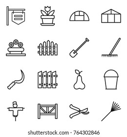 Thin line icon set : shop signboard, flower, greenhouse, bed, fence, shovel, rake, sickle, pear, bucket, scarecrow, farm, pruner