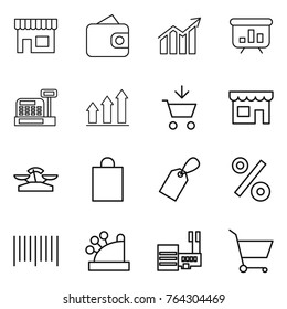 Thin line icon set : shop, wallet, diagram, presentation, cashbox, graph up, add to cart, scales, shopping bag, label, percent, bar code, mall