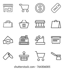 Thin line icon set : shop, cart, dollar, sale, shopping bag, delete, market, cashbox, atm receipt, label, basket, turk