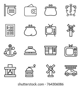 Thin line icon set : shop signboard, wallet, purse, alarm clock, abacus, tv, windmill, anchor, service bell, wardrobe, fireplace, hand mill, car wash