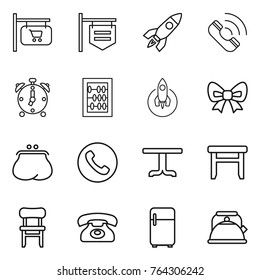 Thin line icon set : shop signboard, rocket, call, alarm clock, abacus, bow, purse, phone, table, stool, chair, fridge, kettle