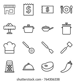 Thin line icon set : shop, receipt, cafe, restaurant, pan, cook hat, skimmer, spatula, meat hammer, grater, meal cap, steake, hot pepper
