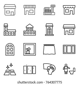 Thin line icon set : shop, cashbox, mansion, cottage, building, arch window, flower in, curtain, clean floor, wiping, toilet cleaning