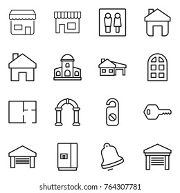 Thin line icon set : shop, wc, home, mansion, house with garage, arch window, plan, do not distrub, key, fridge, bell