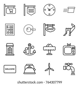 Thin line icon set : shop signboard, clock, delivery, abacus, cell corection, greate wall, building, anchor, restaurant, tv, welcome mat, kettle, windmill, water tap