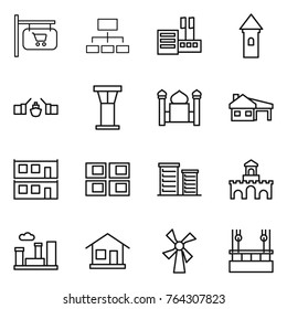 Thin line icon set : shop signboard, hierarchy, store, tower, drawbridge, airport, minaret, house with garage, modular, panel, district, fort, city, home, windmill, skysrcapers cleaning