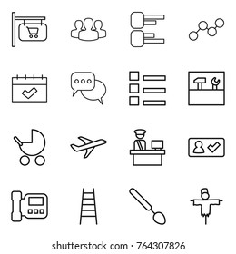 Thin line icon set : shop signboard, group, diagram, graph, calendar, discussion, list, tools, baby stroller, plane, customs control, check in, intercome, stairs, big spoon, scarecrow