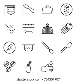 Thin line icon set : shop signboard, crisis, shopping bag, dollar coin, do not trolley sign, lounger, hotel, jellyfish, electricity, colander, big spoon, chef knife, coffee seeds, seedling