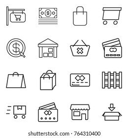 Thin line icon set : shop signboard, money, shopping bag, delivery, dollar arrow, warehouse, delete cart, credit card, pallet, fast deliver, package