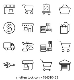 Thin line icon set : shop, cart, presentation, basket, dollar coin, store, shopping bag, delivery, journey, mall, plane, garage