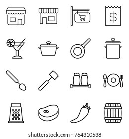 Thin line icon set : shop, signboard, receipt, cocktail, pan, big spoon, meat hammer, salt pepper, fork plate, grater, steake, hot, barrel