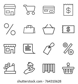 Thin line icon set : shop, cart, card, receipt, percent, shopping bag, basket, list, label, cashbox, real estate, bar code