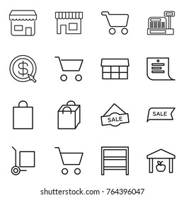 Thin line icon set : shop, cart, cashbox, dollar arrow, market, shopping list, bag, sale, cargo stoller, rack, warehouse