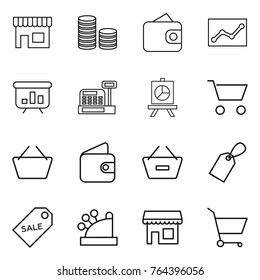 Thin line icon set : shop, coin stack, wallet, statistics, presentation, cashbox, cart, basket, remove from, label, sale