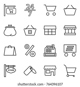 Thin line icon set : shop signboard, 24 7, cart, basket, purse, delete, market, shopping bag, percent, cashbox, delivery, store, label