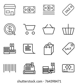 Thin line icon set : shop, money, sale, dollar arrow, cart, basket, store, shopping list, bag, label, bar code, cashbox, mall, credit card