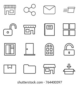 Thin line icon set : shop, share, mail, delivery, unlock, copybook, window, door, arch, package box, documents