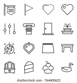 Thin line icon set : shop signboard, flag, heart, equalizer, column, door, fountain, disco ball, pendant, curtain, table, dresser, cake, cupcake, goose