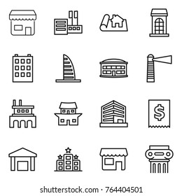 Thin line icon set : shop, store, project, building, skyscraper, airport, lighthouse, factory, japanese house, office, tax, warehouse, hotel, antique column