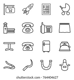 Thin line icon set : shop signboard, rocket, abacus, baby stroller, church, phone, curtain, table, fridge, kettle, walnut crack, sickle, horseshoe, apron
