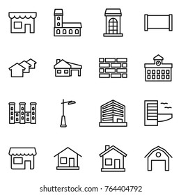 Thin line icon set : shop, mansion, building, fence, houses, house with garage, brick wall, university, palace, outdoor light, office, hotel, home, barn
