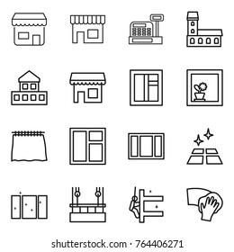 Thin line icon set : shop, cashbox, mansion, cottage, window, flower in, curtain, clean floor, skysrcapers cleaning, skyscrapers, wiping