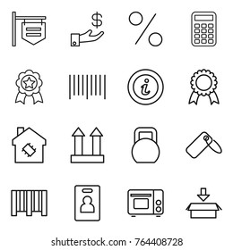 Thin line icon set : shop signboard, investment, percent, calculator, medal, bar code, info, smart house, cargo top sign, heavy, label, identity card, grill oven, package