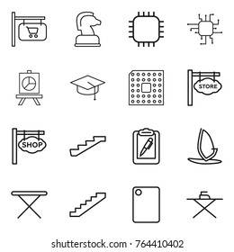 Thin line icon set : shop signboard, chess horse, chip, presentation, graduate hat, cpu, store, stairs, clipboard pen, windsurfing, iron board, cutting