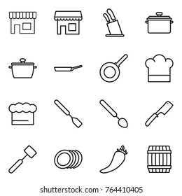 Thin line icon set : shop, stands for knives, pan, cook hat, chef, spatula, big spoon, chef knife, meat hammer, plates, hot pepper, barrel