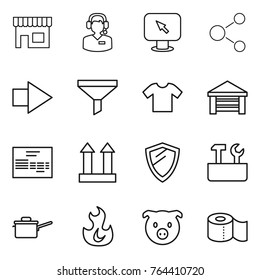 Thin line icon set : shop, call center, monitor arrow, molecule, right, funnel, t shirt, garage, invoice, cargo top sign, shield, repair tools, saute pan, fire, pig, toilet paper