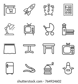 Thin line icon set : shop signboard, rocket, alarm clock, abacus, table lamp, tv, baby stroller, church, curtain, stool, fridge, walnut crack, hand mill, apron