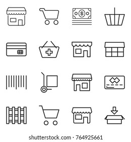 Thin line icon set : shop, cart, money, basket, credit card, add to, market, bar code, cargo stoller, pallet, package