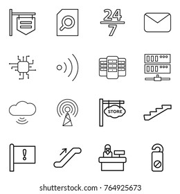Thin line icon set : shop signboard, search document, 24 7, mail, chip, wireless, server, cloud, antenna, store, stairs, important flag, escalator, reception, do not distrub