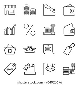 Thin line icon set : shop, coin stack, crisis, wallet, diagram, percent, cashbox, delete cart, scales, shopping list, label, sale, store signboard, mall