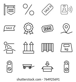 Thin line icon set : shop signboard, percent, sale, pass card, medal, ticket, geo pin, sun potection, cargo top sign, bar code, heavy, do not distrub, trailer, package