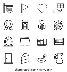 Thin line icon set : shop signboard, flag, heart, gift, medal, building, perishable, disco ball, mirror, curtain, wardrobe, crib, door, cake, goose, jug