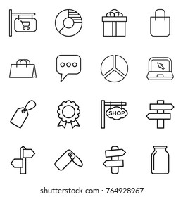 Thin line icon set : shop signboard, circle diagram, gift, shopping bag, message, notebook, label, medal, singlepost, signpost, bank