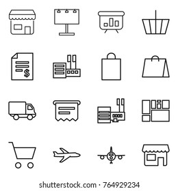 Thin line icon set : shop, billboard, presentation, basket, account balance, store, shopping bag, delivery, atm receipt, mall, consolidated cargo, cart, plane