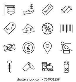 Thin line icon set : shop signboard, investment, sale, up down arrow, label, percent, bar code, ticket, info, geo pin, sun potection, do not hook sign, train, distrub