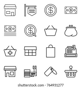 Thin line icon set : shop, signboard, dollar, money, arrow, basket, purse, add to, market, shopping bag, cashbox, mall, label