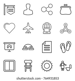 Thin line icon set : shop signboard, man, share, purse, heart, plane, notebook globe, spinner, presentation, dome house, document, flip flops, power switch, chair, sun, toilet cleaning